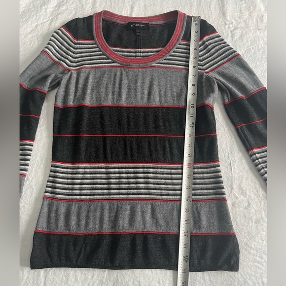 St. John Knit Grays Red Ivory Striped Sweater Sz S Wool Cashmere Black Label - Picture 14 of 16